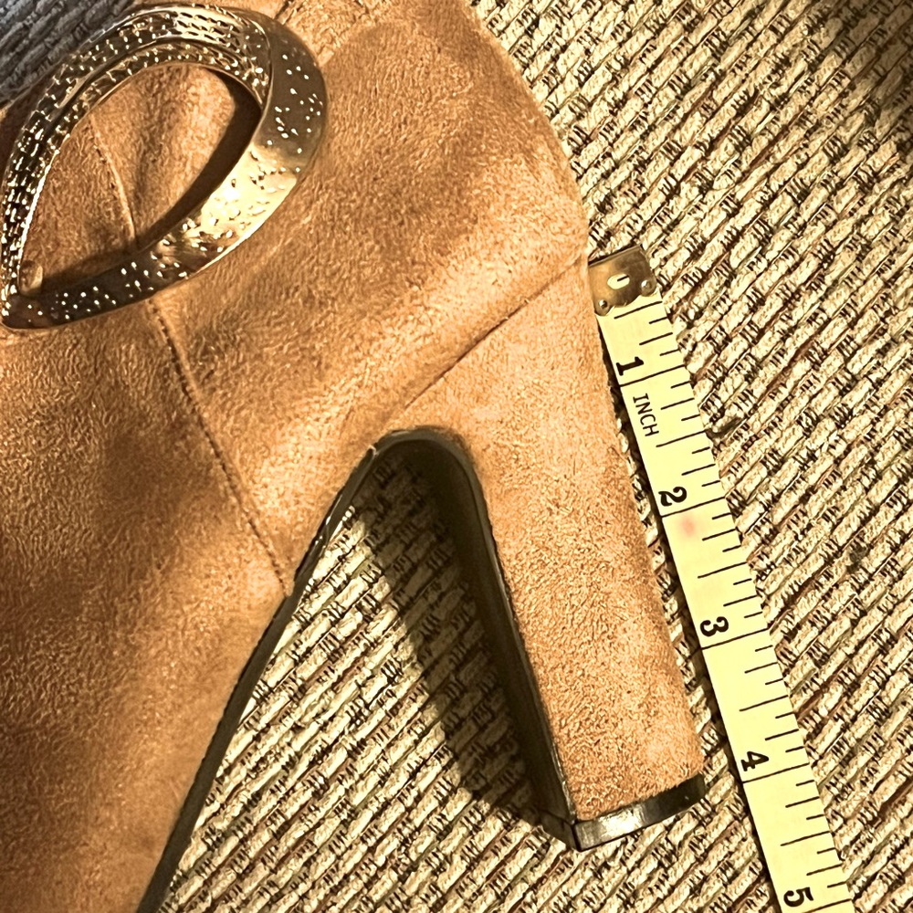 IMPO Odea camel tan brushed textile upper ankle boot gold outer detail 4” heel. - Picture 9 of 9